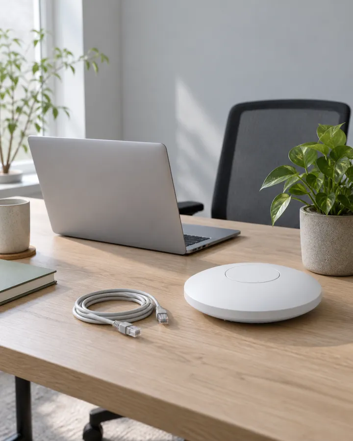 Illustration d’un espace de travail avec un ordinateur portable et un point d’accès Wi-Fi.
